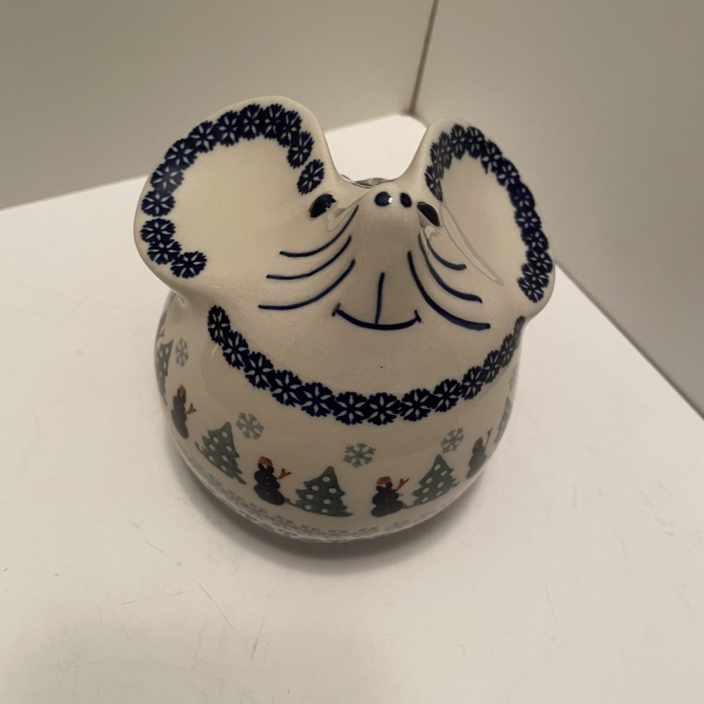 Vintage Manufaktura Polish Pottery Winter Mouse Piggy Bank Signed 5" Tall